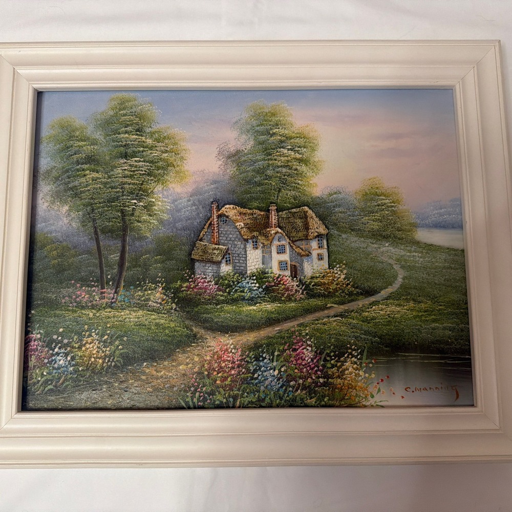 Original Oil Painting on Canvas Signed By C. Manning Cottage & Floral, Victorian